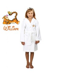 Orange Tiger Cartoon Design & Custom Name Embroidery on Kids Hooded Bathrobe